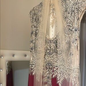 Anny Lee Elegant Burgundy Beaded Gown with Sheer Overlay